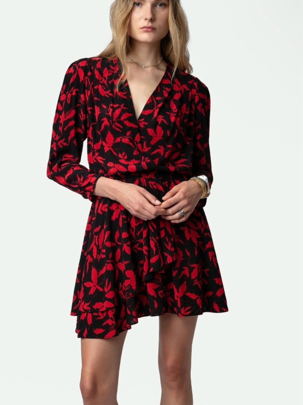 Zadig & Voltaire Red and Black Printed Wrap Mini Dress